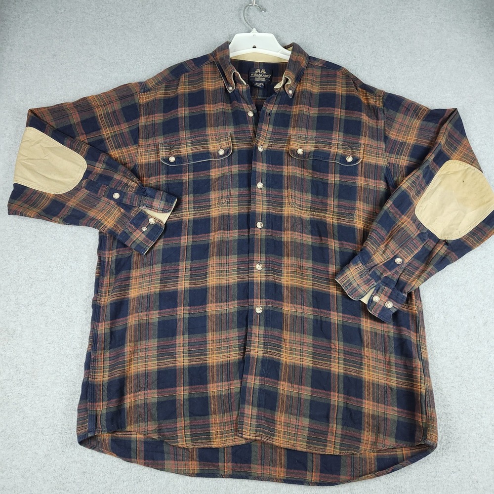 VTG Willis & Geiger Shirt Men L Tall Multi Plaid Flannel Elbow Patch Button Down